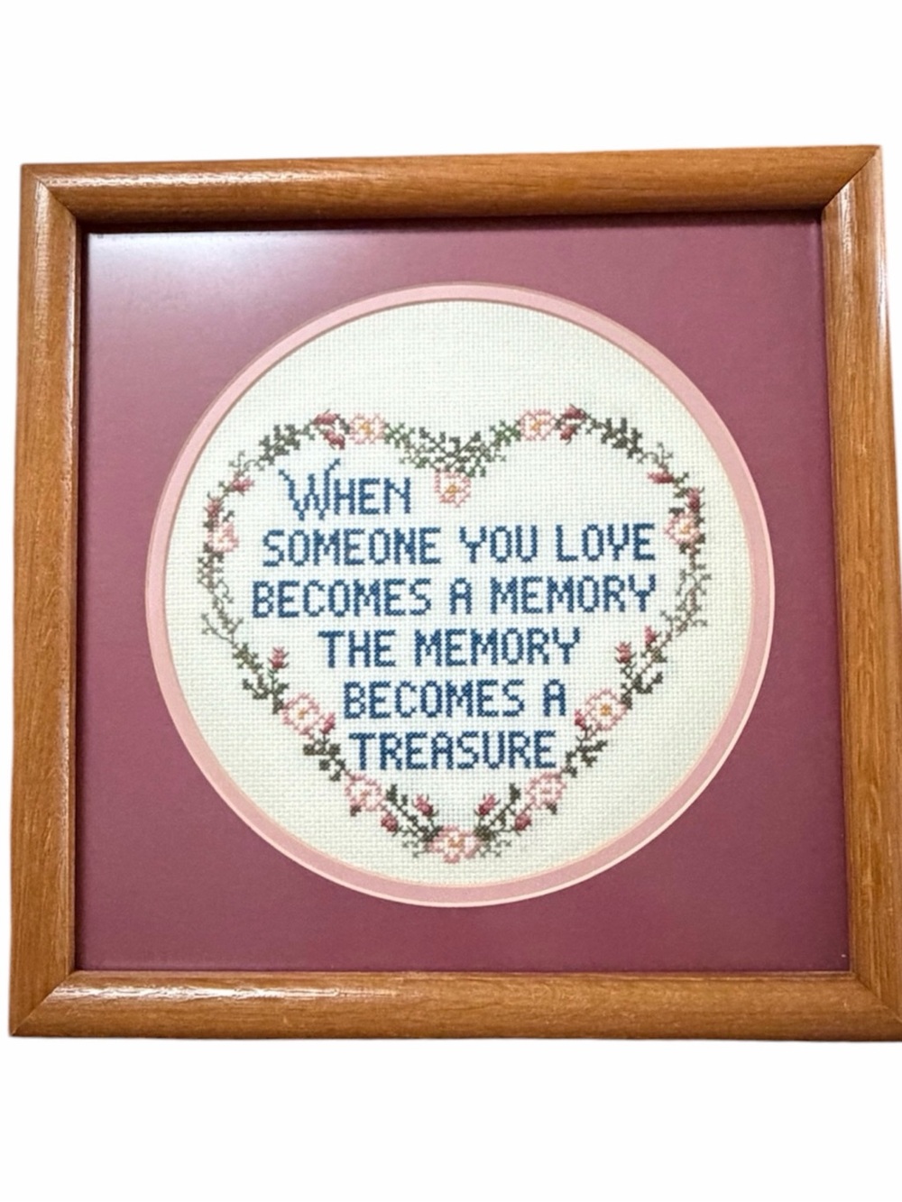 Framed Heart Cross-Stitch Memorial Art - Pink and Blue